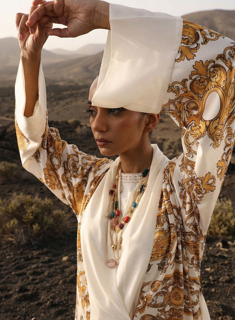 ISHIN Off White  Baroque print layered Abaya with Hijab - Image 4